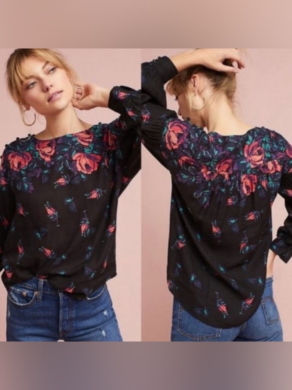 Anthropologie // Maeve Black Long Sleeve Blouse w/ Coral Roses - Picture 2 of 6